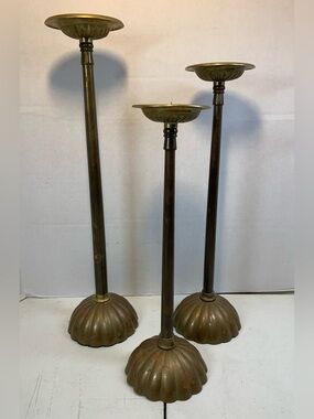 Trio of Aged Brass Japanese Shokudai Candlestick Holders.              3702